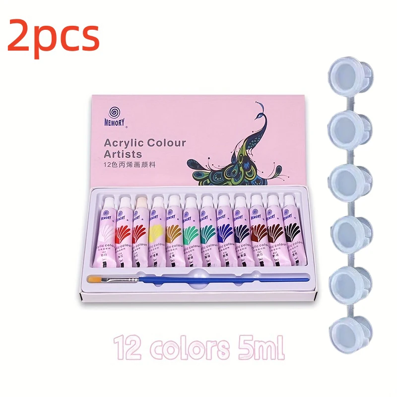 2 pcs 12/24 color 5ml acrylic painting paints + paint box, suitable for student painting paint set and tool kit