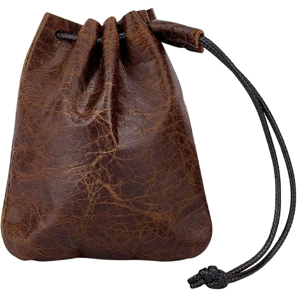 Leather Drawstring Pouch Cowhide Leather Jewelry Storage Bag 4.7x3.9 Inch Coconut Brown Small Coin Dust Wallet for Jewelry
