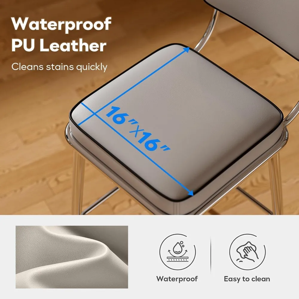 Juego de 2 taburetes de bar modernos con altura de mostrador, 26 polipiel gris con patas de metal plateado, reposapiés, cocina, isla, comedor C