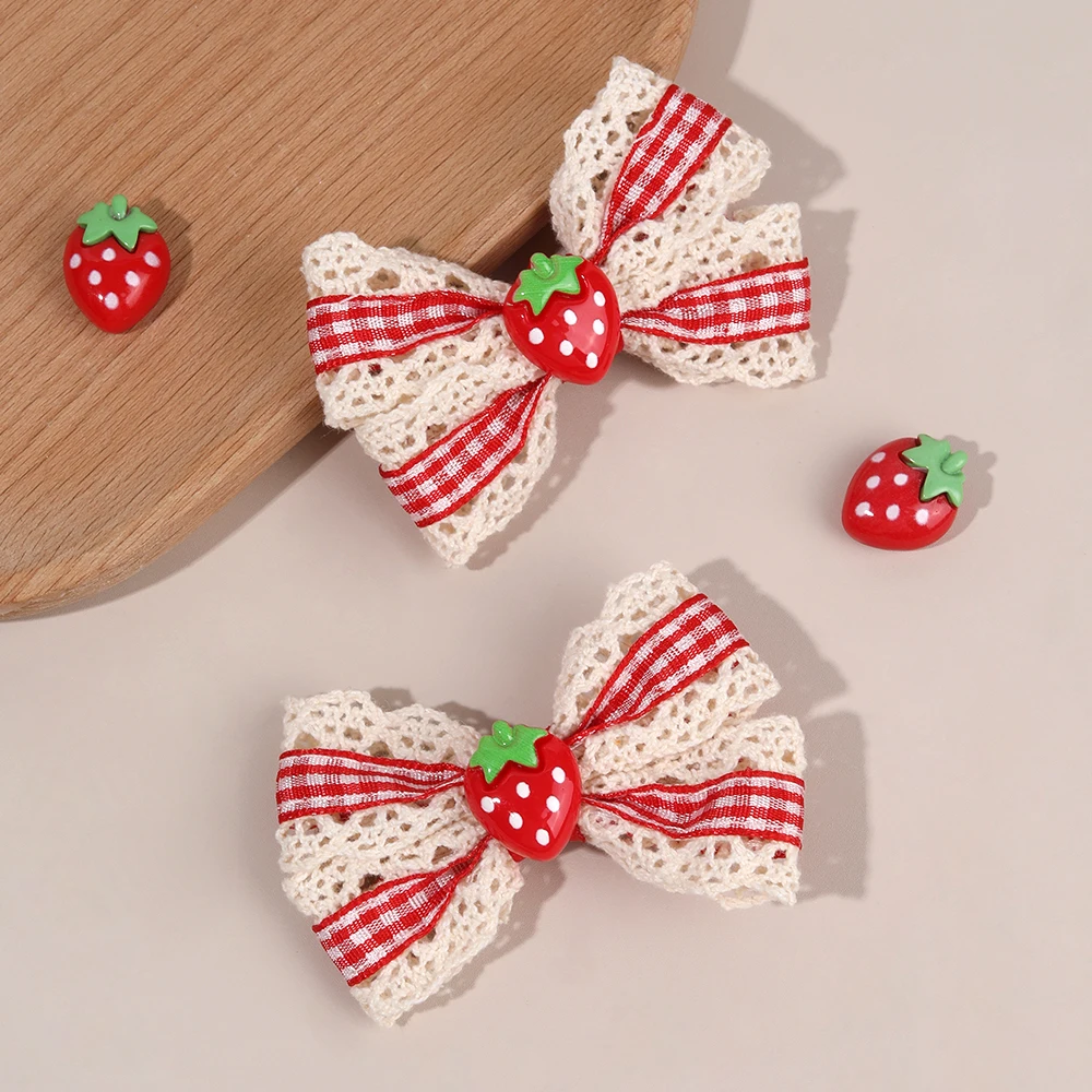 2 pçs retro morango arco grampos de cabelo para meninas doce laço-trim xadrez grampos de cabelo crianças diariamente coreano headwear acessórios para o cabelo