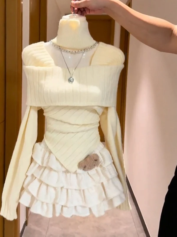 

Korean Sle Long Sve Slim Fit Knitted Sweater Puffy Cake f Skirt Two Piece Set Women Autumn Winter Anti Aging Clothing