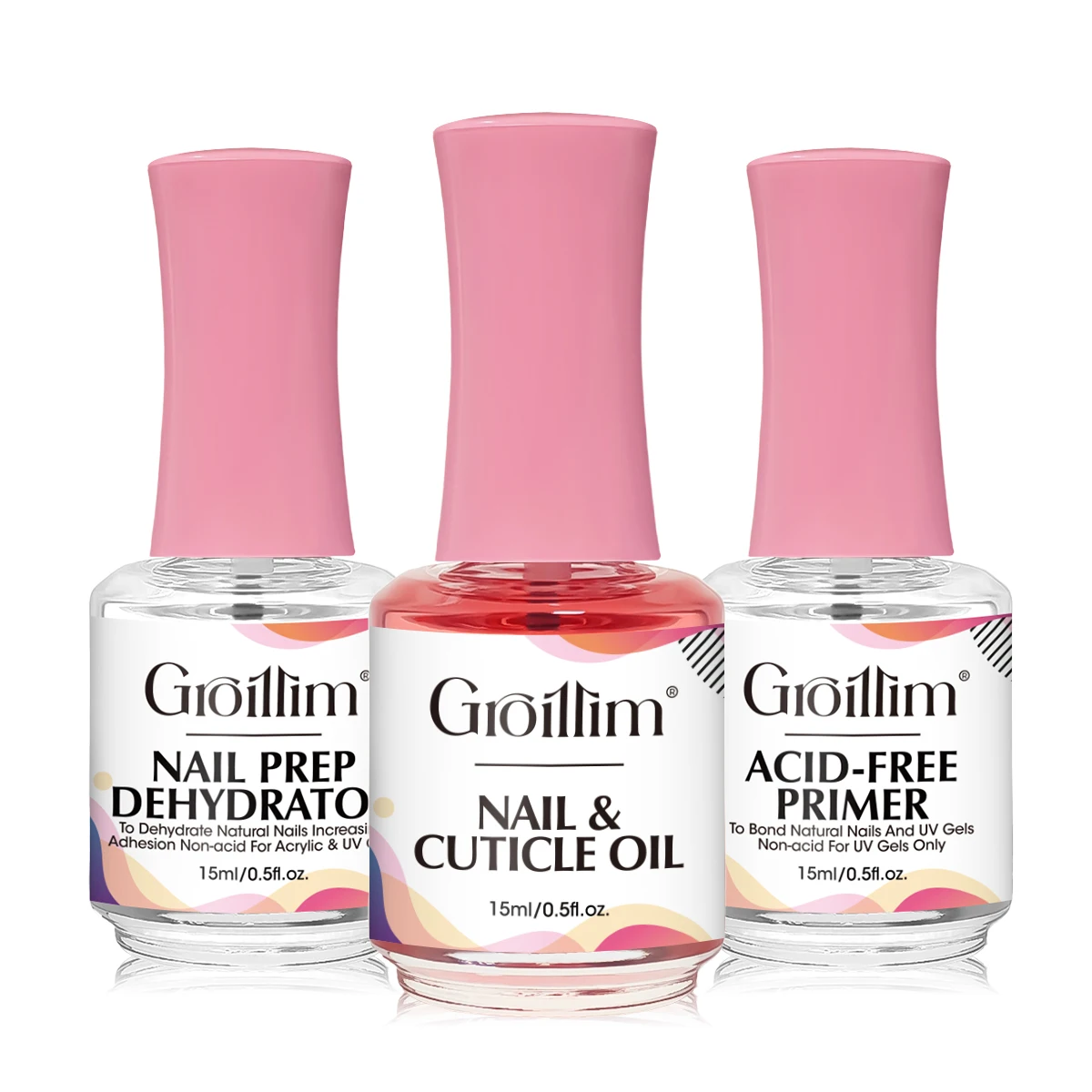 

Набор из 3 функциональных гелей для ногтей Groillim: балансирующая жидкость + адгезив + питательное масло (аромат розы). Улучшенный, долговечный