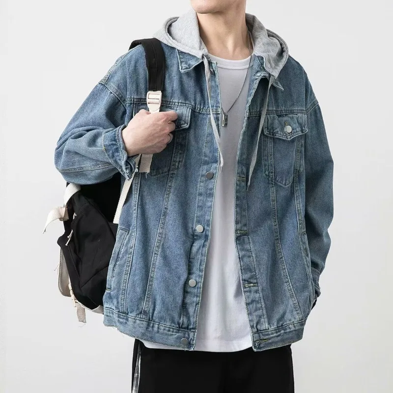 

Fake Two Piece Cowboy Coat for Men with Hat on Board Joker Fashion Designer Fast Delvery New in Elatic Hooded Denim Jackets Man