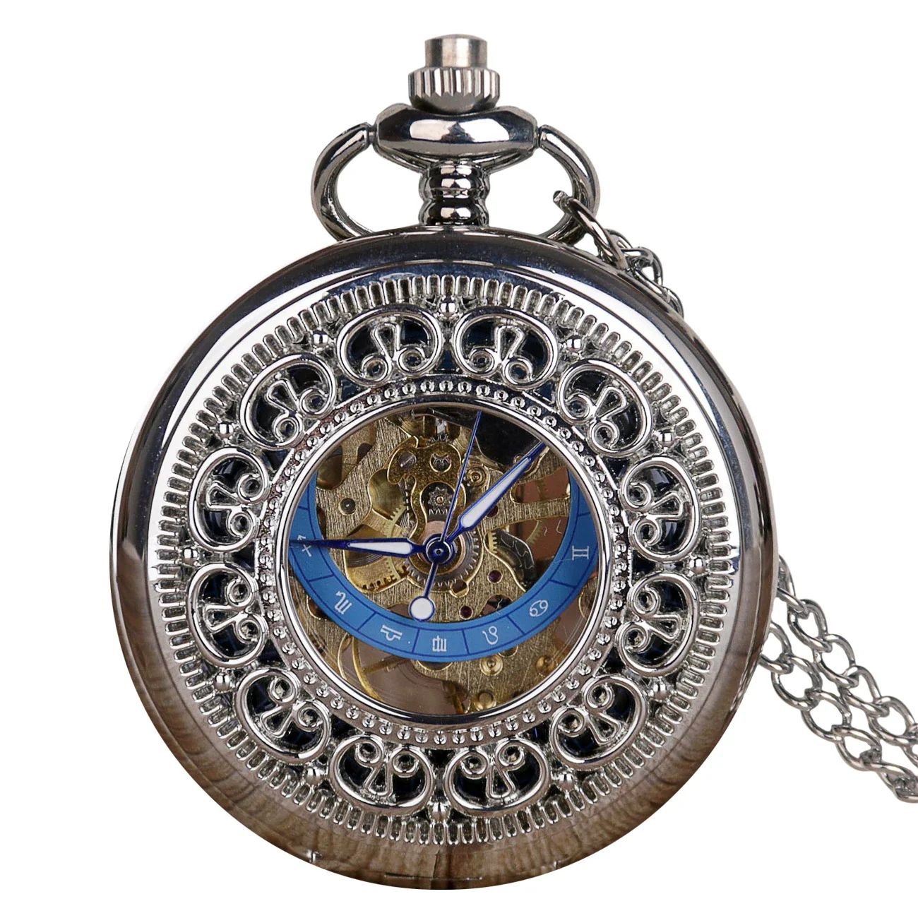 Vintage Mechanical Pocket Watch with Chain Mens Hollow Skeleton Dial Silver Steel Fashion Steampunk Pocket Fob Watch Gifts