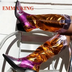 Women's Multicolor Metallic Cowgirl Boots Chunky Heel Vintage Western Boots Female Pointy Toe Knee-high-boot Zapatos De Mujer 44