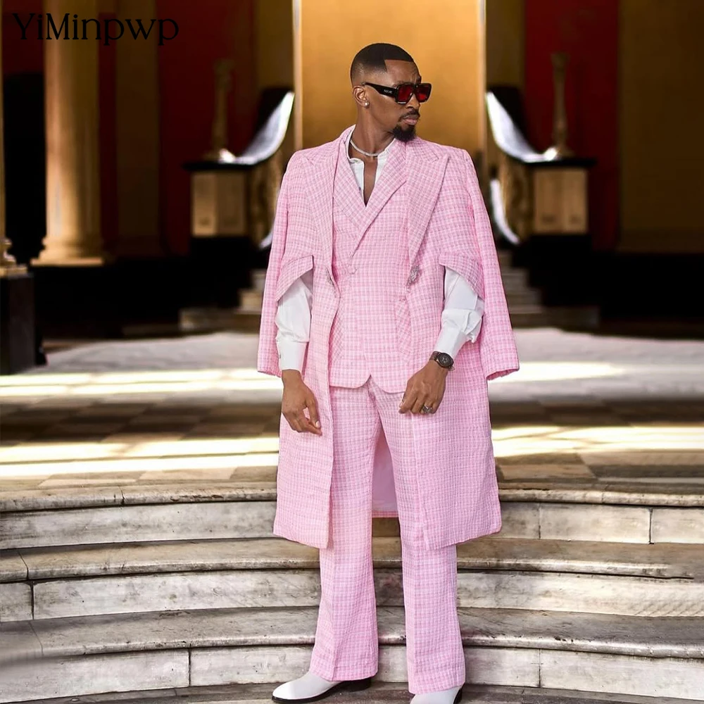 

YiMinpwp Pink Men's Suit Single Breasted Formal Wedding Office Satin Peaked Lapel Professional Attire Party Groom Suit XS-5XL
