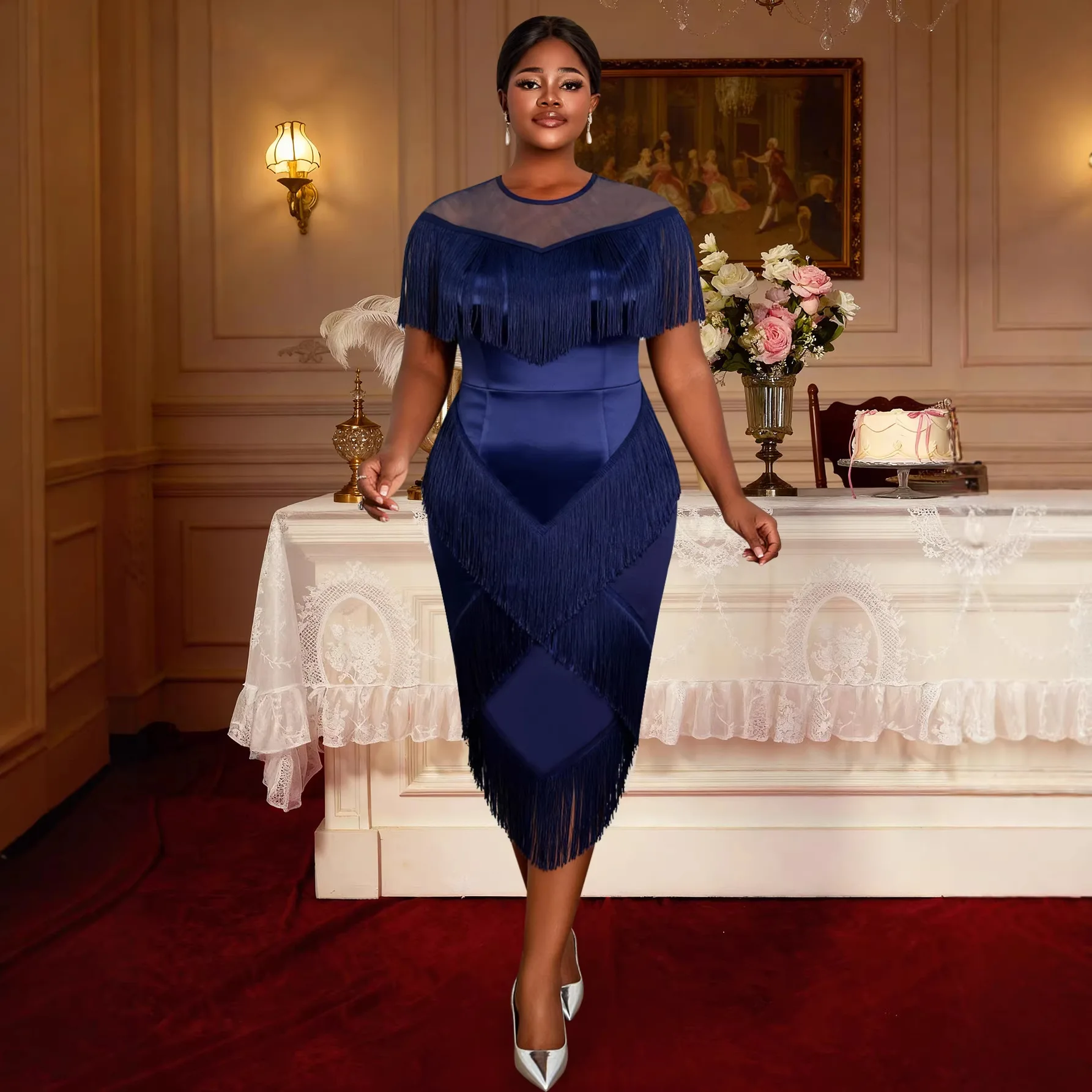 

Весенне-летнее африканское платье миди без рукавов из полиэстера с бахромой, облегающее, больших размеров, в стиле дашики, для женщин