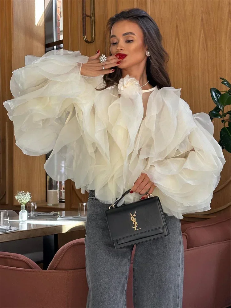 Patchwork Ruffled White Shirts Fashion Elegant For Women High Waist Long Sleeve Casual Streetwear Ladies Blouse Top 2024