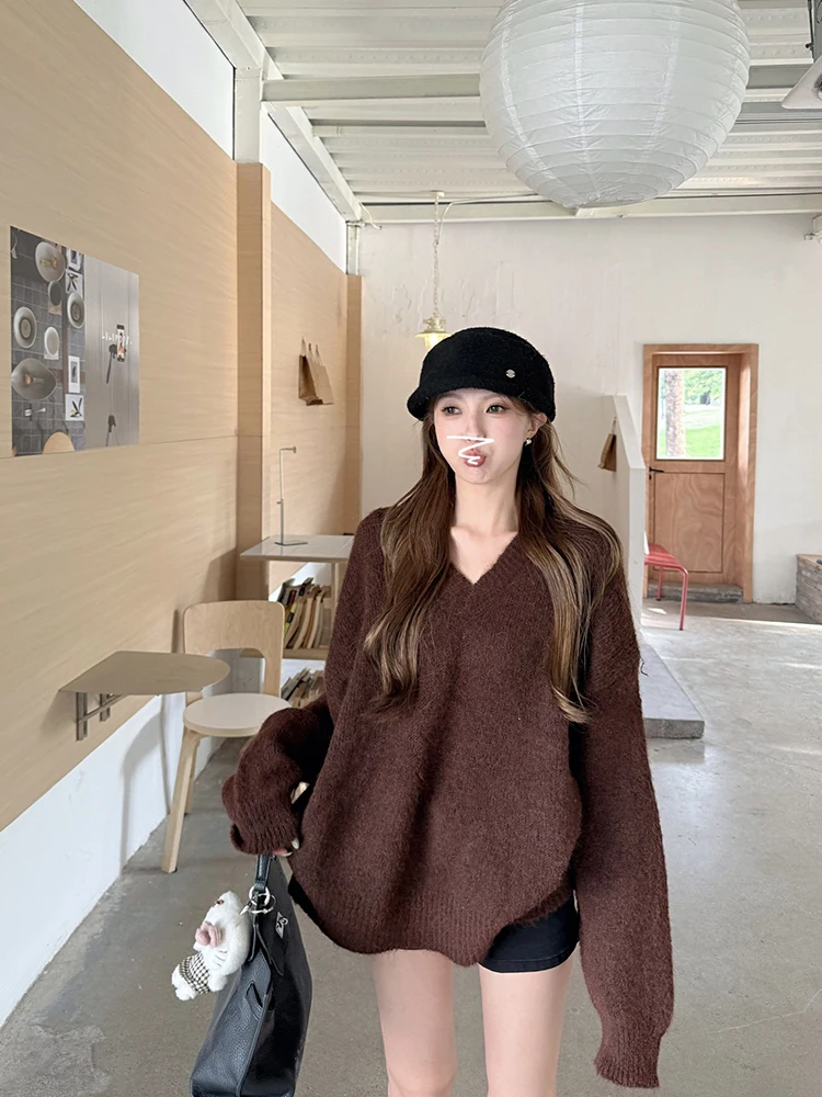 Suéter de Punto ueso y Largo con Cuello en V para Mujer, Hoado, Cómodo, Suave, Informal, de Moda para Otoño e Invierno