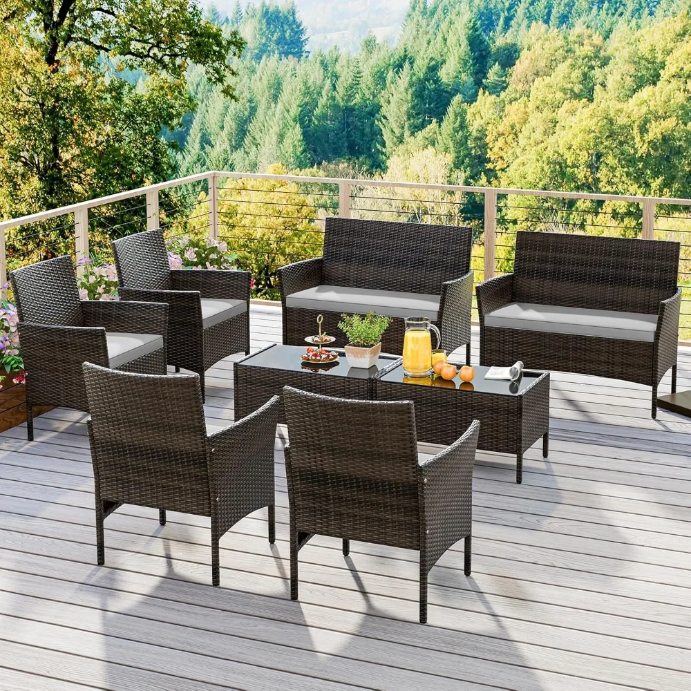 

8 Piece Patio Furniture Set, Wicker Patio Set with Loveseat, Wicker Chairs, Tempered Glass Coffee Table, Outdoor Rattan Set