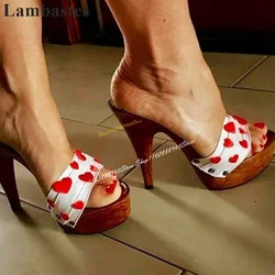 Trending White Red Heart Wood Platform Slippers High Heel Shoes For Women Slip On Open Toe 2024 Fashionable Zapatos Para Mujere