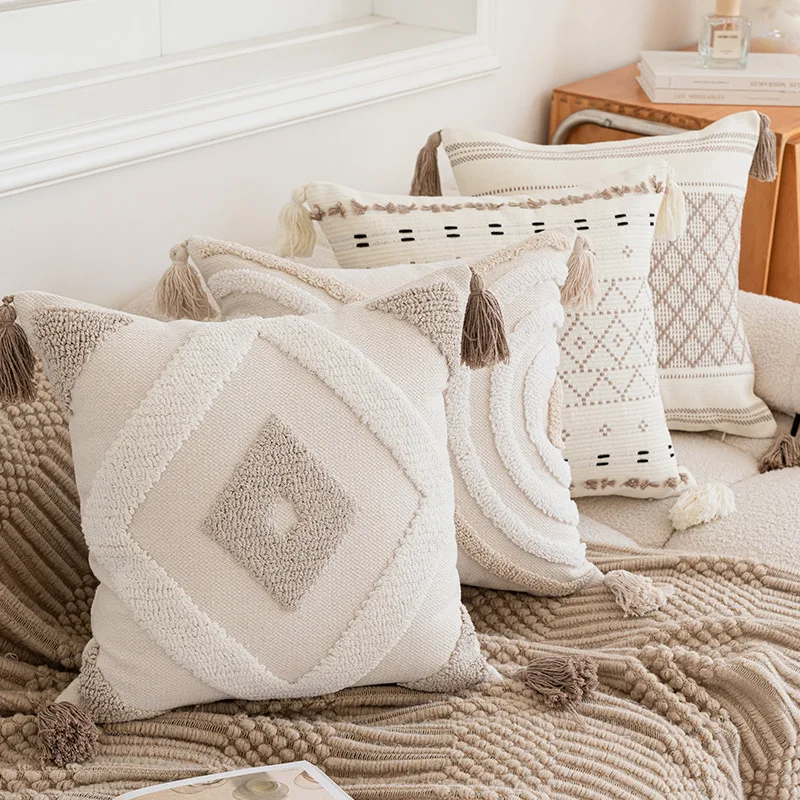 Bulk throw pillows with tassels - geometric decorative cushion covers, thick fabric pillowcases for sofa beds
