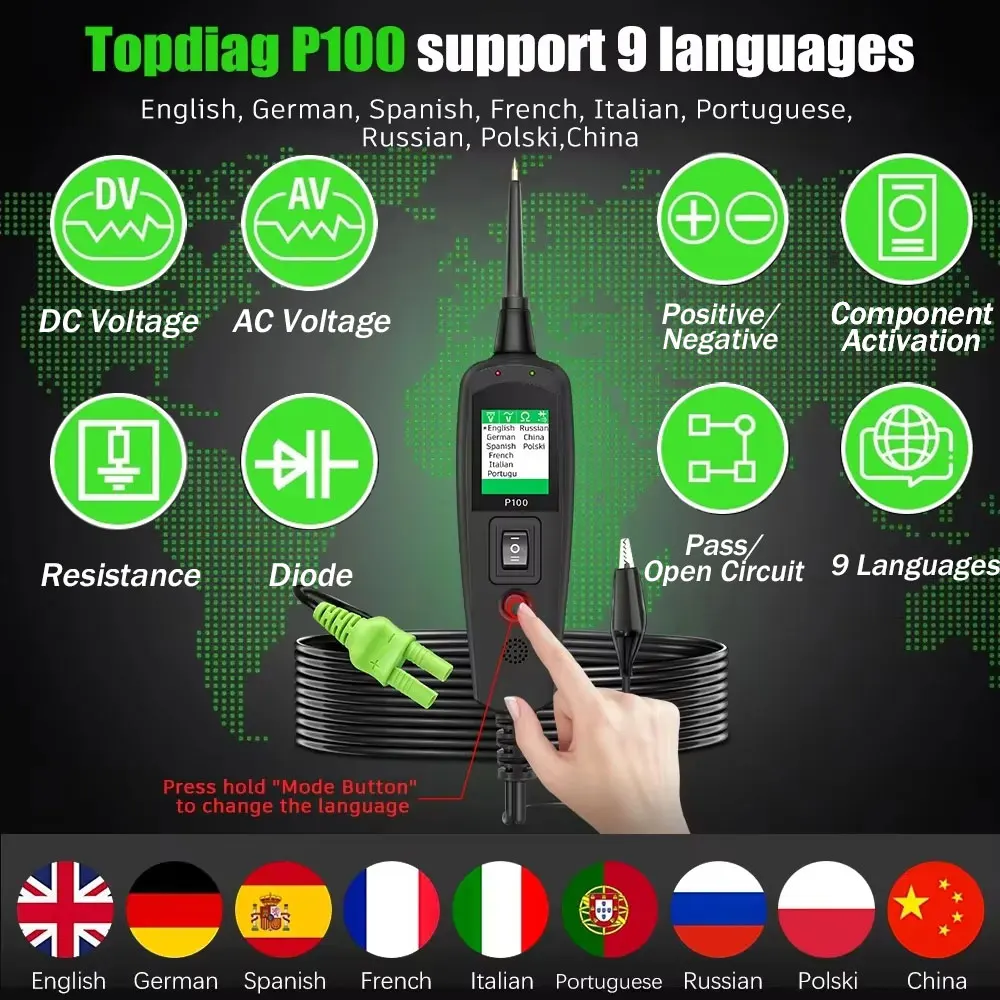 

TopDiag P100 Electrical Circuit Tester 12-24V DC Pen Vehicle Power Probe Kit Car Voltage/Resistant Tester Power Diagnostic Tool