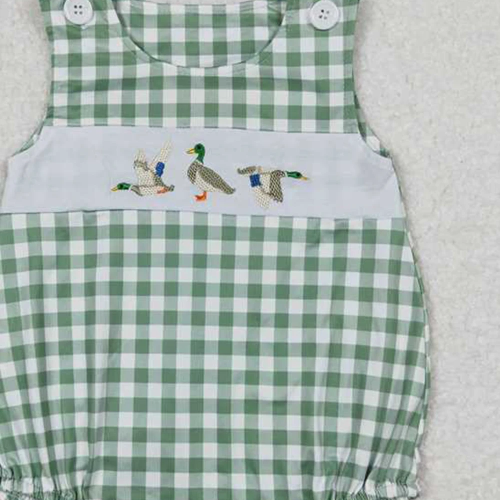 SR1066 Baby Infant Boys Green Checkered Duck Sleeveless Rompers