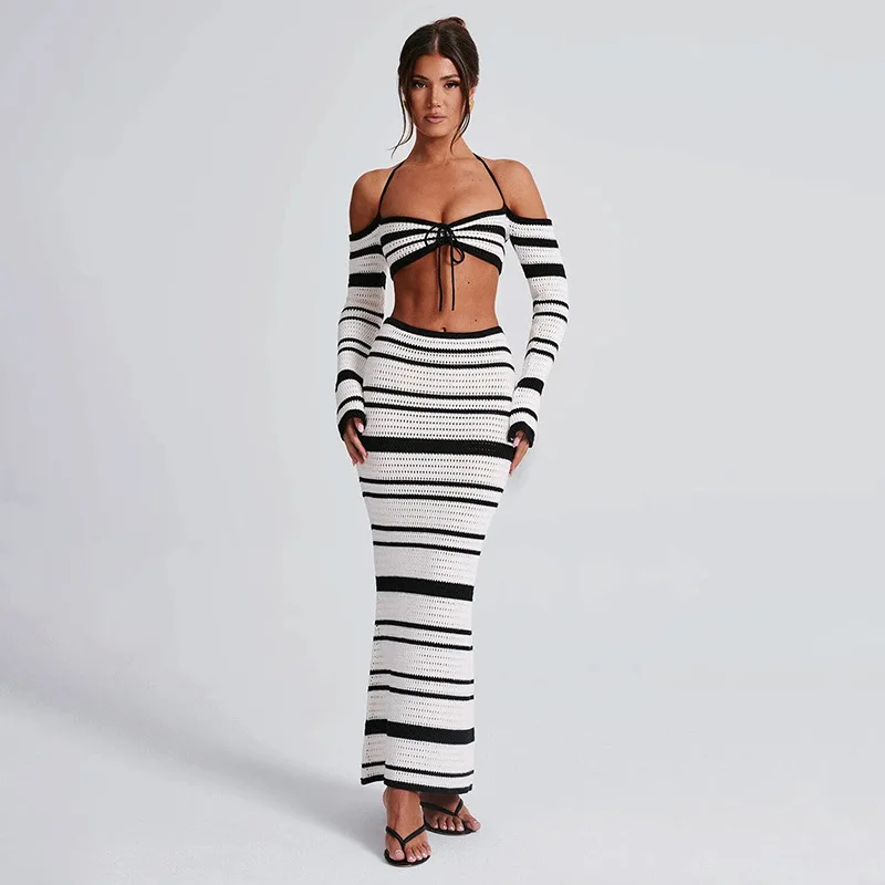 European and American Summer New Women\'s Striped Off Shoulder Hanging Neck Tie Long Sleeved Knitted Hollow Skirt Set for Women