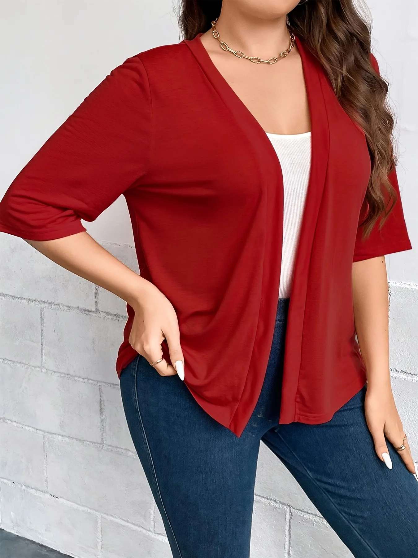 Blazer de cortina frontal aberta tamanho grande, mangas três quartos, simples e versátil, cor sólida, jaqueta frente aberta