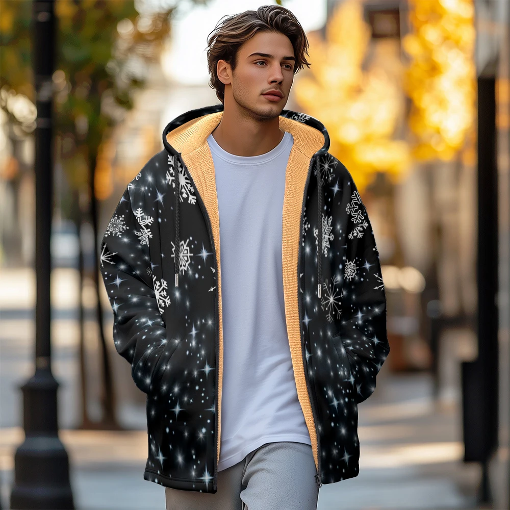 Man winter clothing, New in Down Coats, Snowflake pattern graffiti design cotton-padded jacket clothing, feather pocket zipper