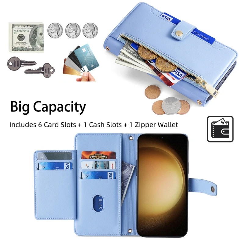 

Zipper Wallet Case Multi Cards Flip Cover For Samsung Galaxy A54 A13 A71 A33 A22 A03 M32 5G A04s Removable Hand Strap Phone Case