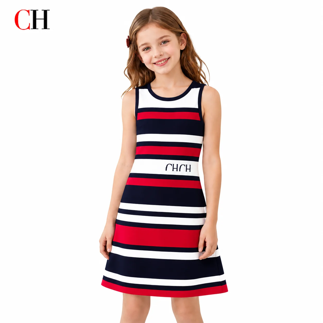 CH Kids Sleeveless Striped Dress Embroidery Girls Summer Tank Dress Navy Red White Stripe A-line Casual Children Clothes