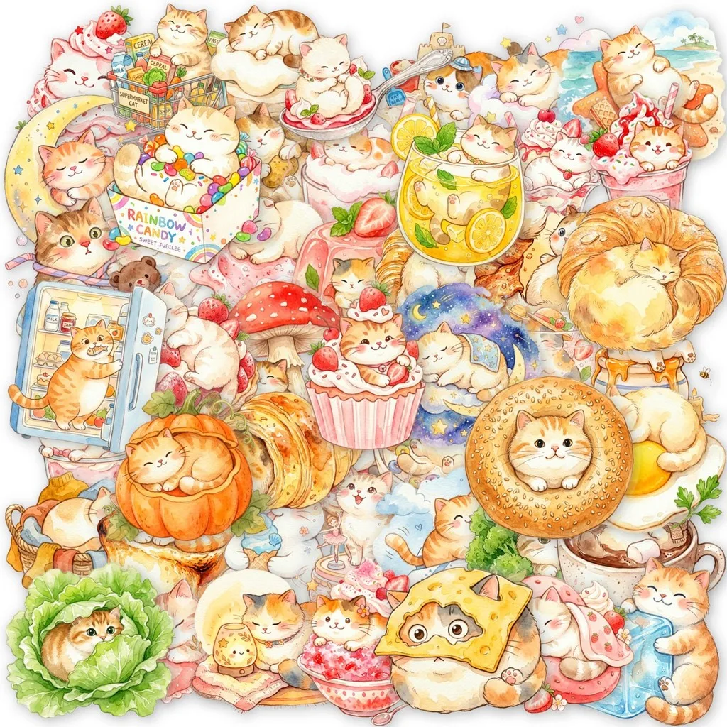50Pcs Healing Watercolor Cat Stickers, Cute Daily Kitty Waterproof Decals for DIY Decor Golden Memory Stickers Store
