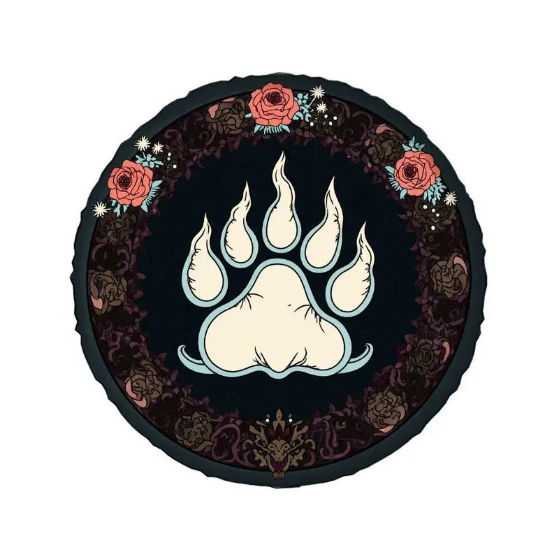 Tire Cover, Polyester Fiber, Circular Pattern, Dark Teal Background, Light Beige Paw Prints, Light Blue Outline, Dark Brown Flor