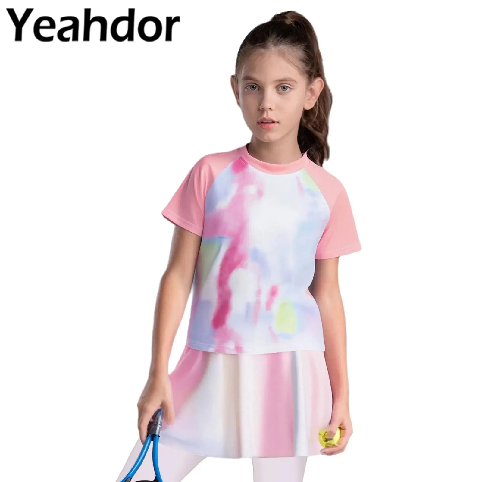 Kids Girls Sports Outfit Gradient Color Quick-Drying Short Sleeve T-shirt with Ruffled Skirt Sets for Tennis Badminton Exercise