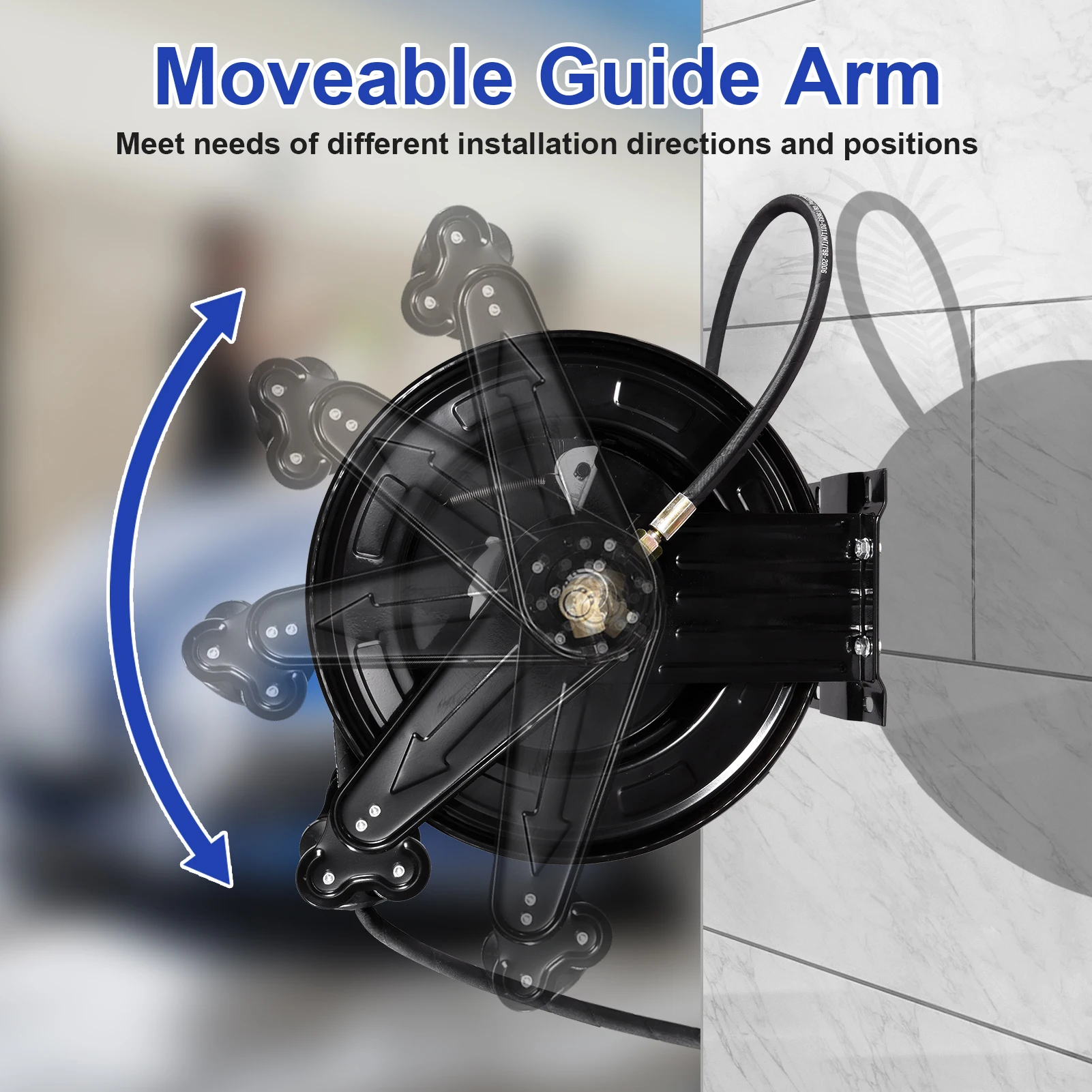 Heavy Duty Pressure Washer Hose Reel 50 FT x 0.59 Inch, Industrial Grade Steel Double Arm Manual Crank Reel, 4000 PSI High Pressure Washer Hose Storage, Wall Floor Ceiling Mounted Swivel Bracket for Air Water Liquid Use view 8