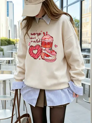 We'Re Perfect Match Prints Sweatshirt Women Sporty Crewneck Hoodies Fleece Warm Loose Pullover Autumn Jogging Womans Clothes