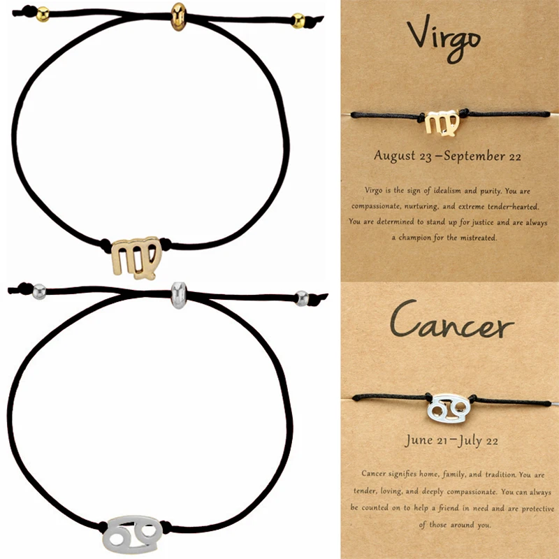 Elegant 12 Zodiac Sign Bracelet Jewelry Women Gold Silver Color Charm Horoscope Adjustable Silk String Constellation Bijoux