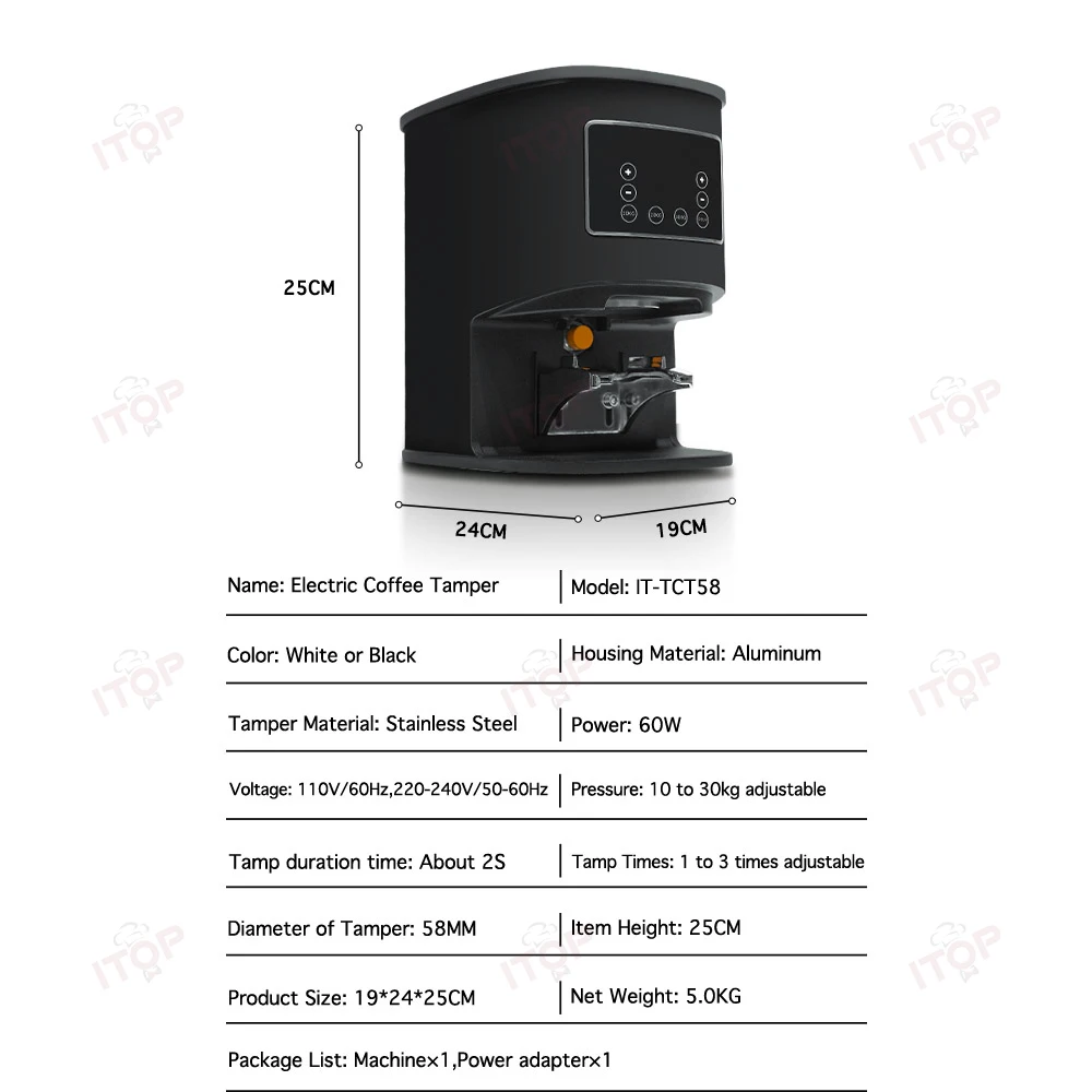 Ubijak do kawy elektryczny ITOP TCT58 58mm automatyczna ubijak do kawy z ekranem dotykowym 10-30KG narzędzie do regulacji ciśnienia Espresso 220V