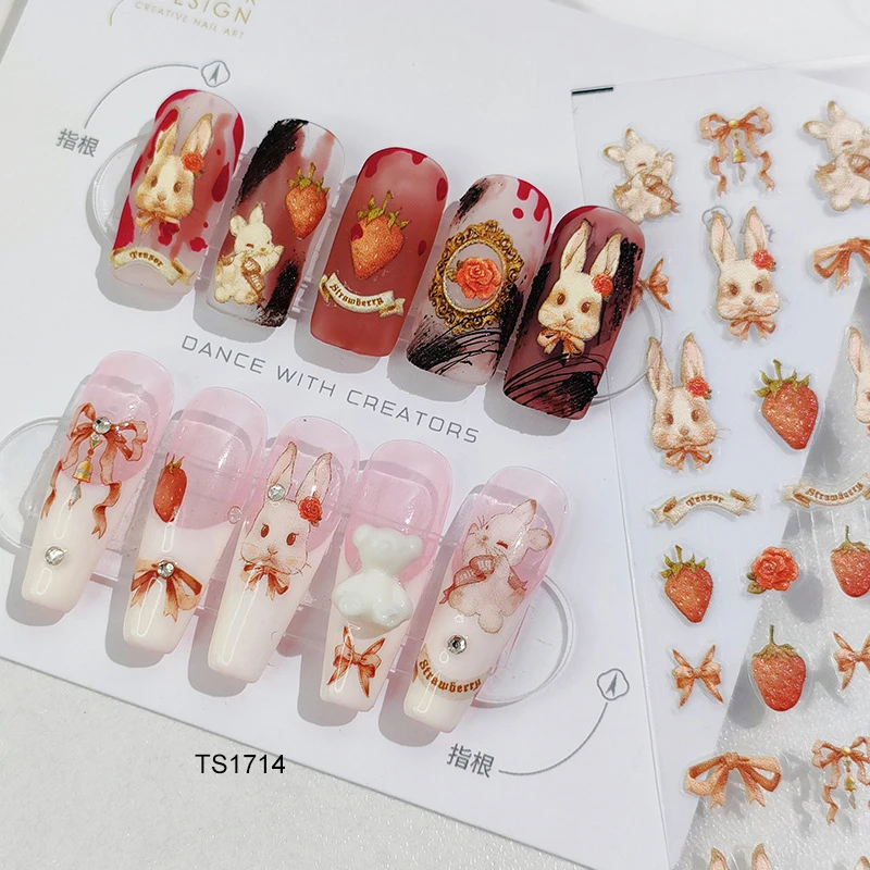 1 Sheet 5D Realistic Lovely Cartoon Bunny Rabbit Fairy Tale Butterfly Bear Adhesive Nail Art Stickers Decals Manicure Charms