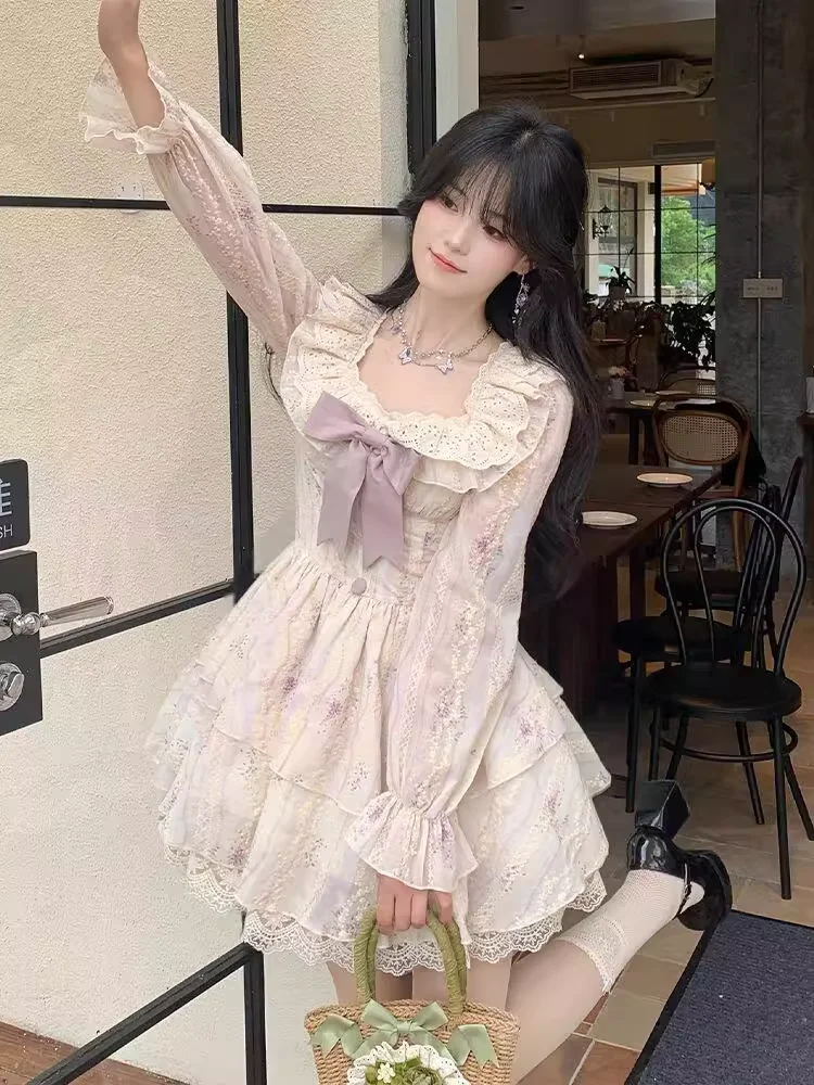 ชุดเดรสเจ้าหญิงสไตล์ฝรั่งเศส ไซส์ใหญ่ สำหรับฤดูใบไม้ร่วงและฤดูหนาว ดีไซน์หวานละมุน แต่งโบว์ คอเหลี่ยม แขนยาว ทรงเค้ก แฟชั่นเอวสูง