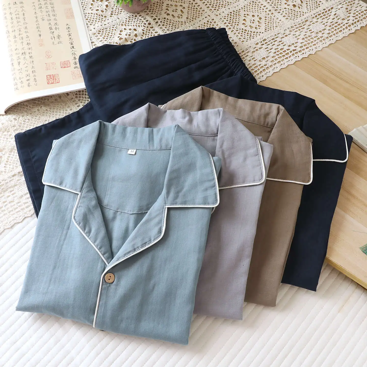 

100% Cotton Pajamas For Men Autumn Sleepwear Soft Long Sleeve Cardigan Trousers Homewear Men's Loungewear Set Pijama