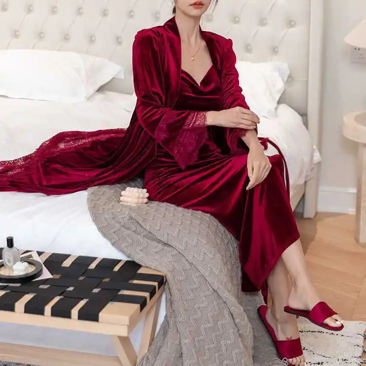 Long Sleeve V Neck Solid Color 2Pcs Robe Solid Velvet Sleep Suit Home Dress Wine Red Sexy Split Fork Lace Cardigan Sling