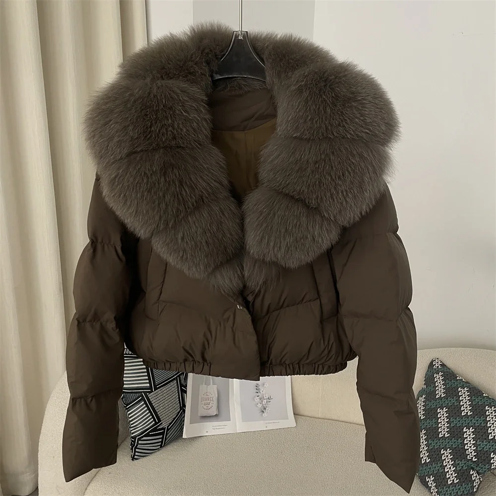 MENINA New Winter Jacket Women Big Real Fox Fur Collar Natural Thick Warm Duck Down Coat Short Outerwear Streetwear Loose Casual