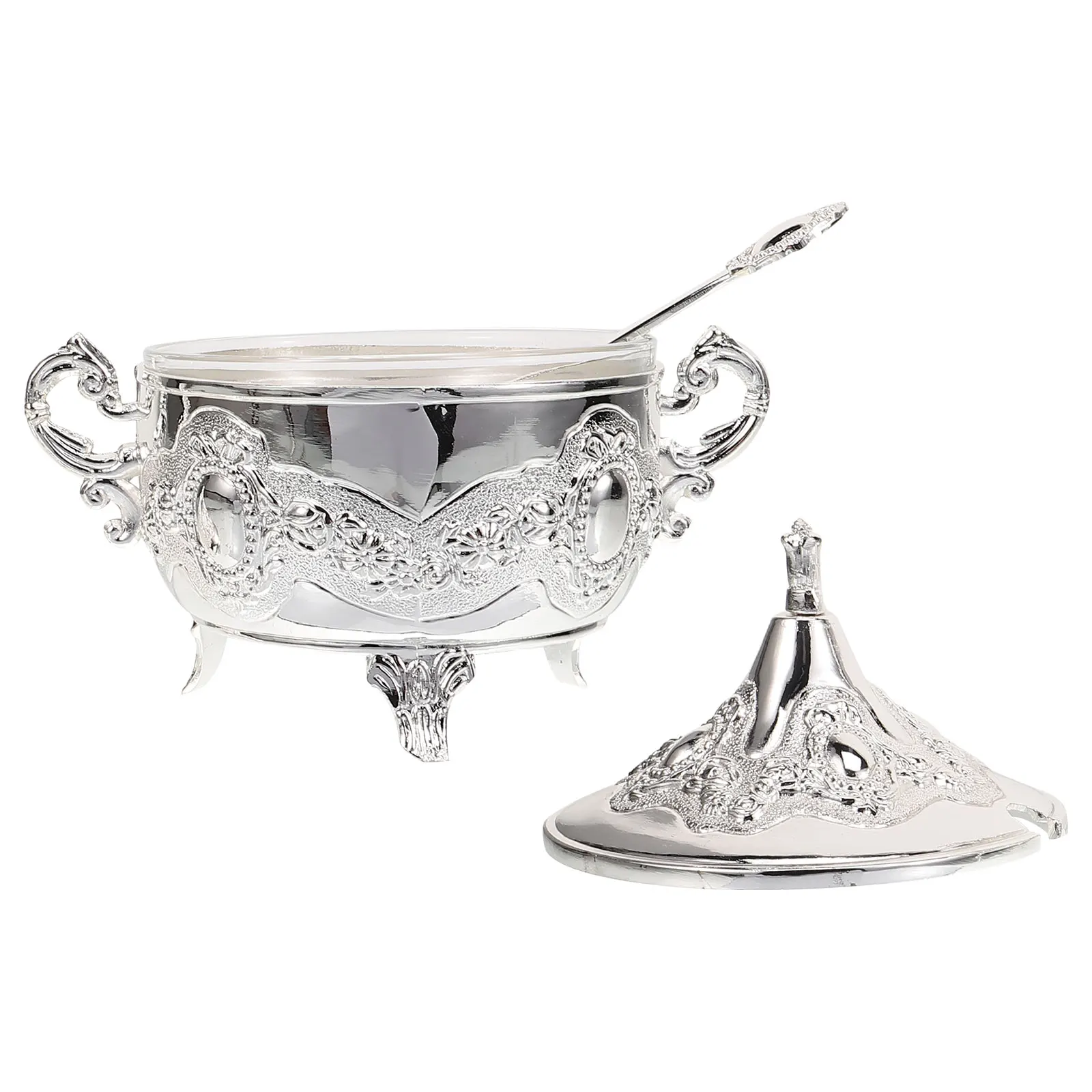 

Zinc Alloy Embossed Condiment Jar Salt Sugar Container With Spoon Rustproof Kitchen Storage Jar For Home Restaurant Use