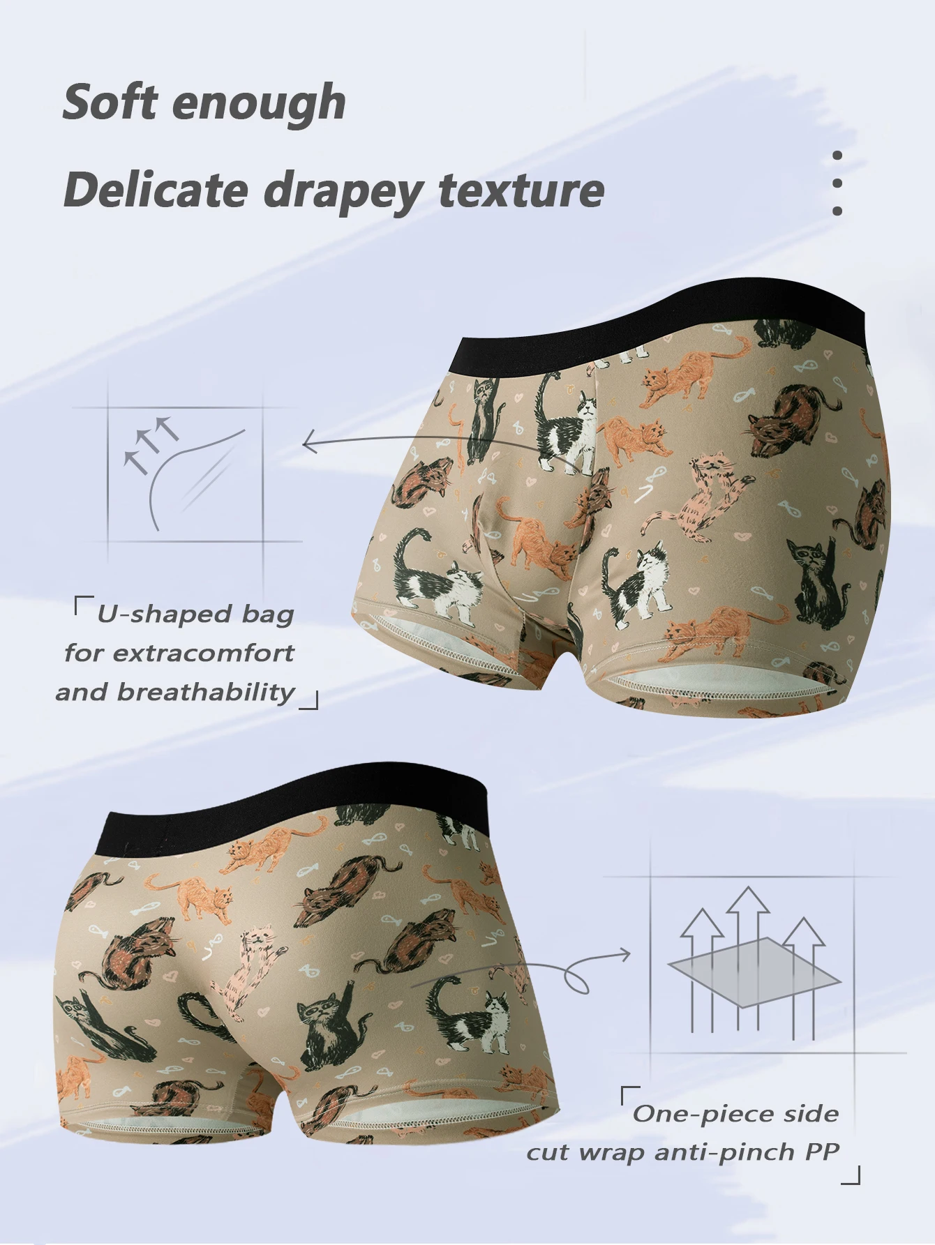 Men\'s single pair of cartoon cat underpants with cute prints, comfortable and stylish choice of boxer shorts