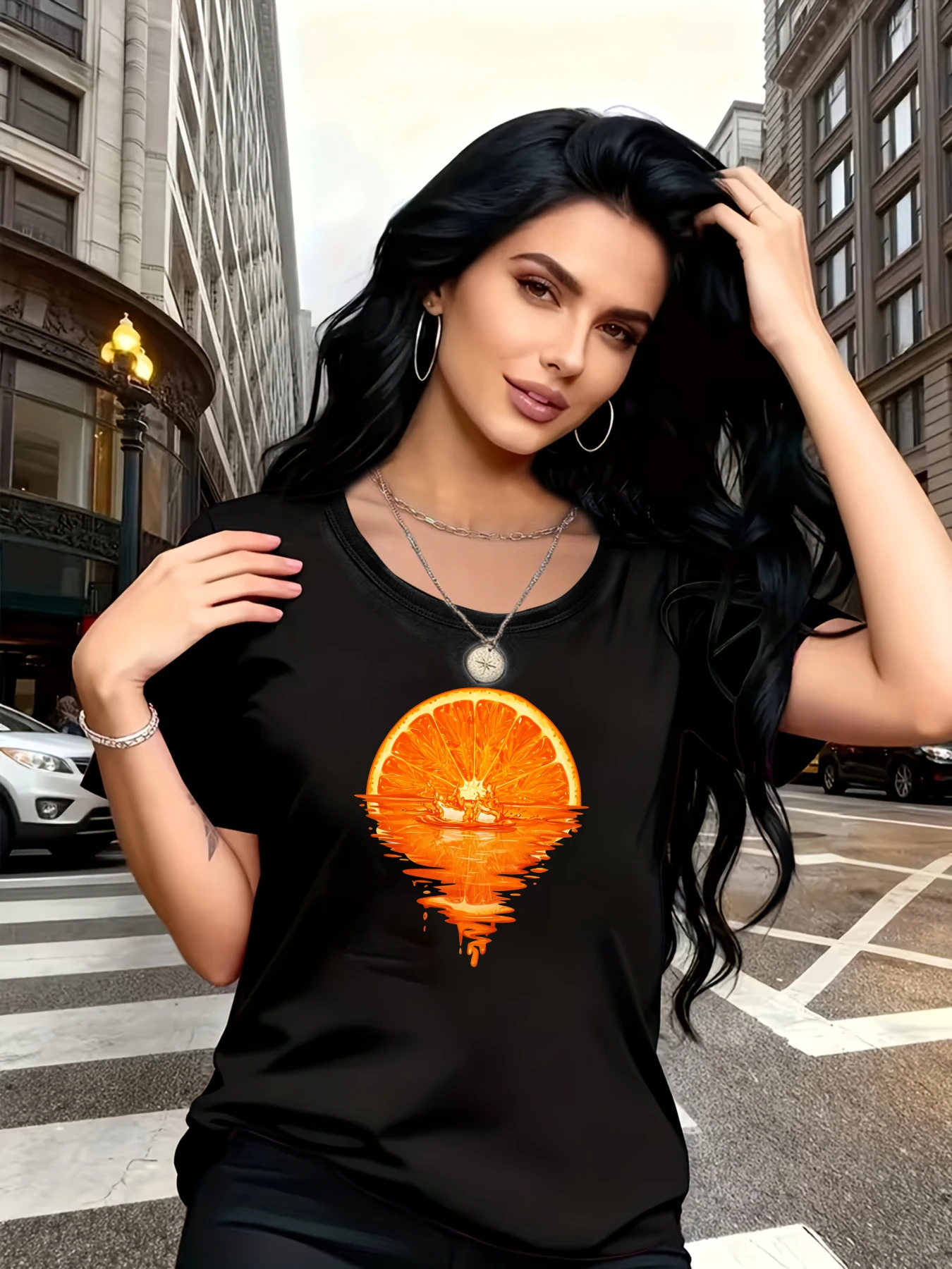 Casual Style Women's T-Shirt Orange Slice Reflection Design Streetwear Summer Wear Short Sleeved Harajuku Streetwear Tops Tees