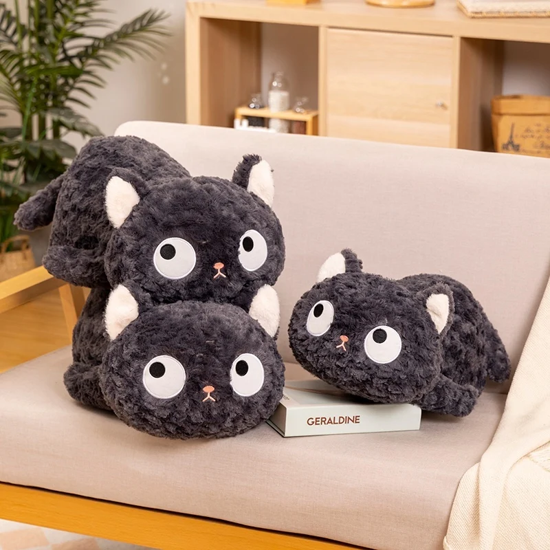 New Lovely Lie Prone Proud Black Cat Plush Toys Soft Comfy Fluffy Cartoon Big Eyes Kitten Throw Pilow Nice Sleeping Companion