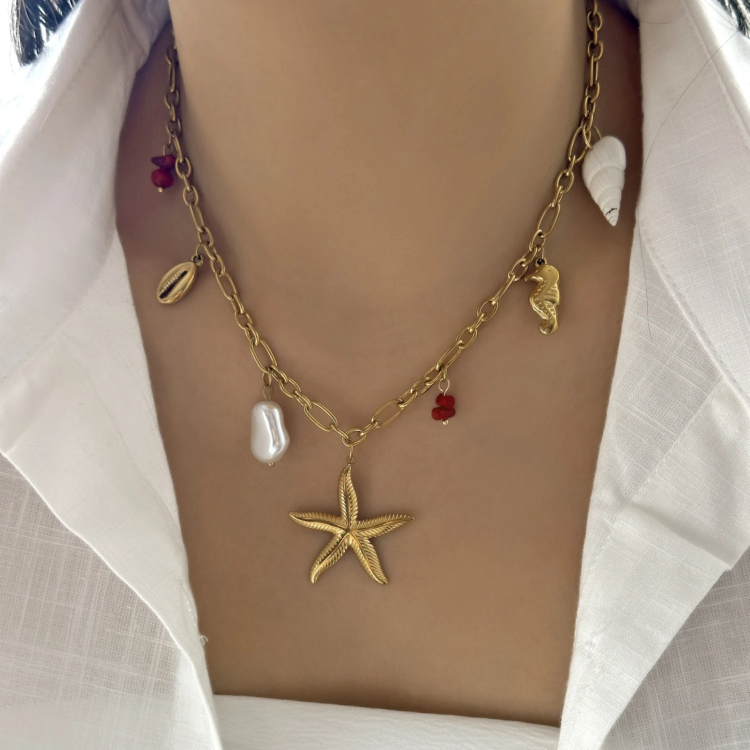 Mode Edelstahl Metall Conch Halsketten für Frauen Nette Shell Quaste Keramik Fisch Halsketten Party Täglichen Schmuck Geschenke – Detail 33