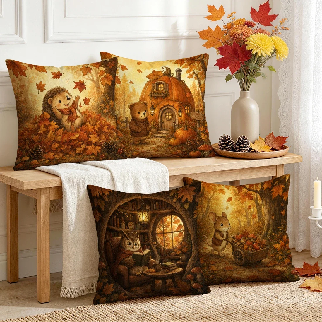 Retro Fairy Tale Autumn Forest Animal Cushions Pillowcase Polyester Cushion Cover Throw Pillow Pillowcover Home Car Sofa Decor