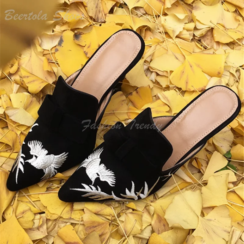 Women White Floral Embroidery Black Suede Heels Hollow Stiletto Pointed Slippers Ethnic Style Casual Concise Design Elegant Shoe