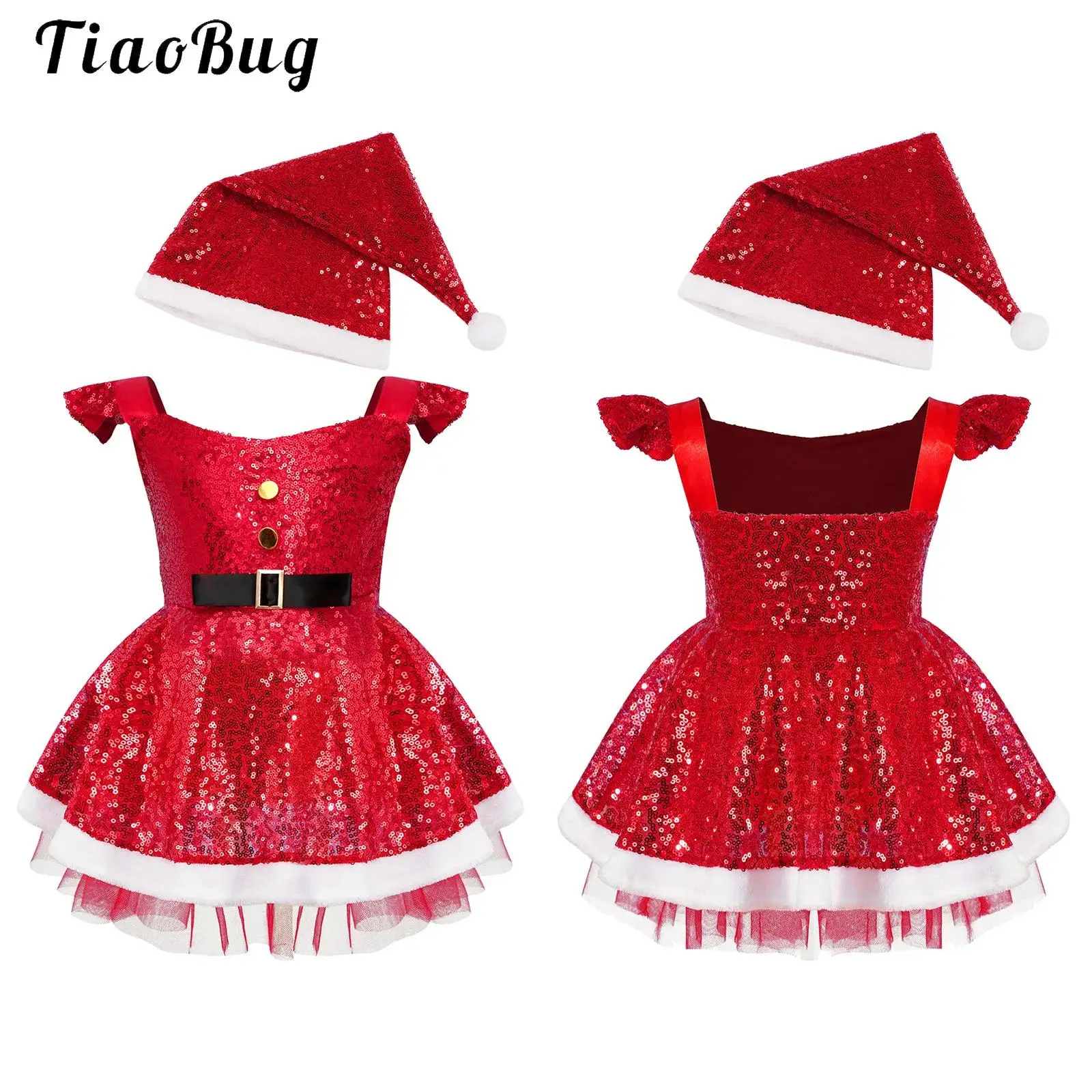

Baby Girls Xmas Mrs Santa Claus Costume Shiny Sequins Christmas Dance Tutu Dress with Hat Set New Year Carnival Party Outfits