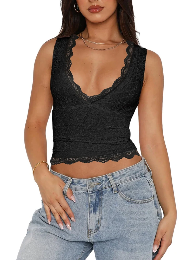 Sexy V-Neck Backless Halter Tank Tops Basic Tshirts Womens Y2K Floral Lace Crop Tops Summer Sheer Cami Tops Vest Club Streetwear