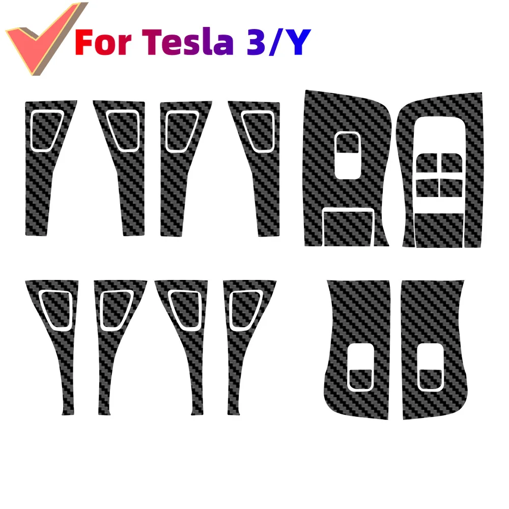 Carbon Fiber Window Lifting Button Sticker For Tesla Model Y 2020+ Model 3 2017-2022 Car Interior Decoration Trim Accessories