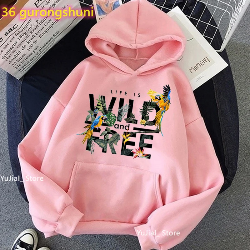 Life Is Wild And Free 왕관 앵무새 프린트 스웨터 여성 버드 애인 모자 후드 티 하라주쿠 카와이 옷 Coa