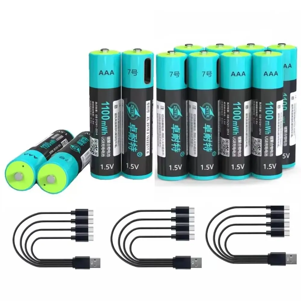 

12 шт. ZNTER 1100 МВтч 1,5 В AAA аккумуляторная батарея литий-полимерная аккумуляторная батарея с кабелем Type-C для зарядки