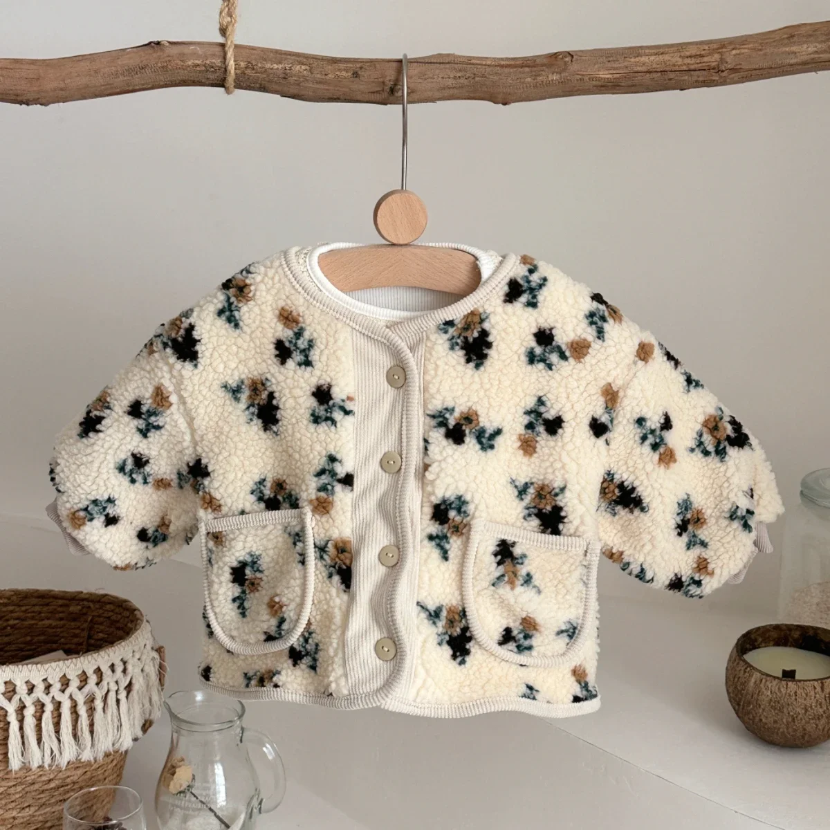 Toddler Baby Girl Jackets Autumn Winter Long Sleeve Flower Printed Plush Kids Coats O-neck Pocket Buttons Children Clothing