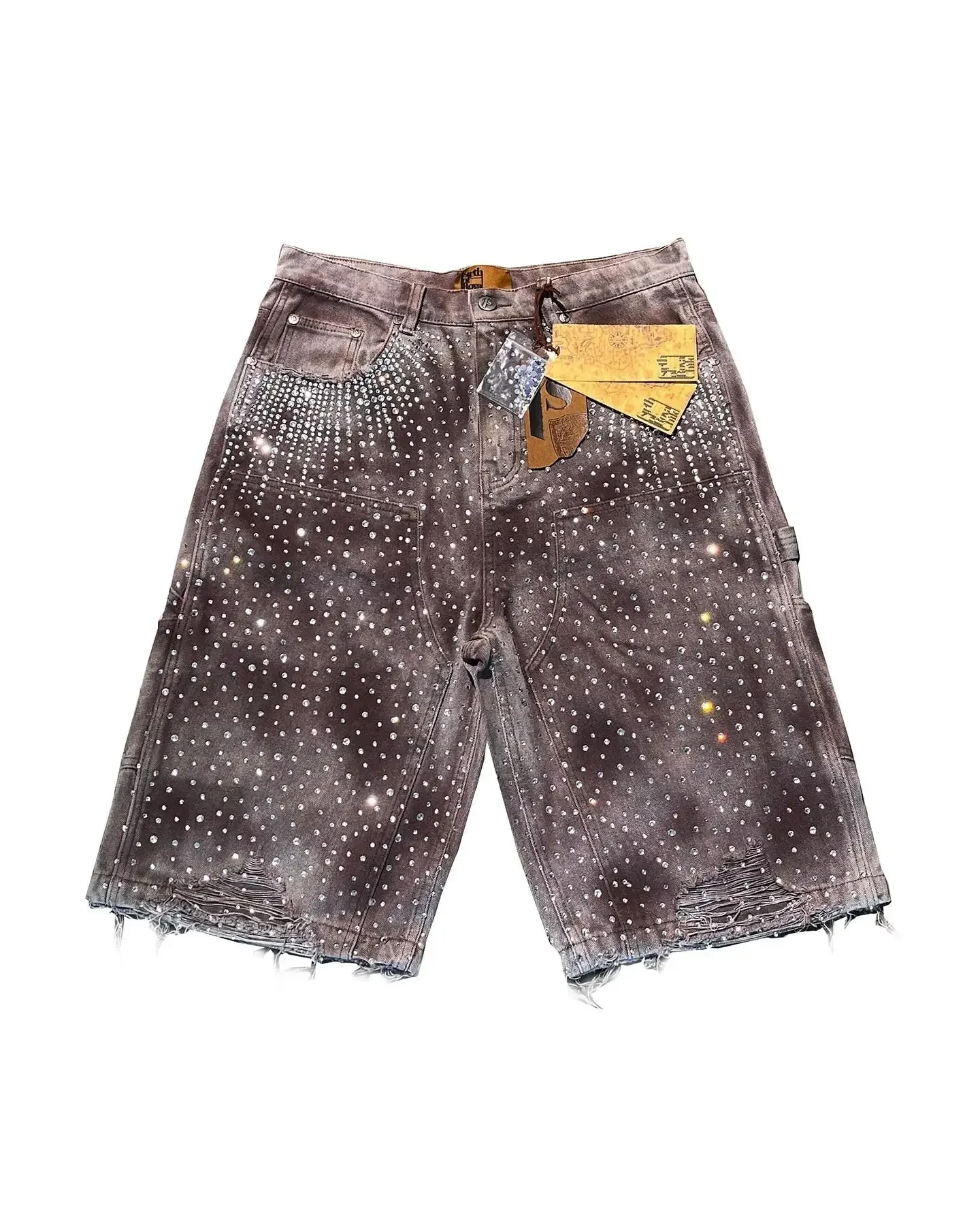 Y2k Retro Washed Brown Gothic Denim Shorts Fashion Klein Diamond All Embroidery Men Women Clothing Jorts Baggy Streetwear Shorts