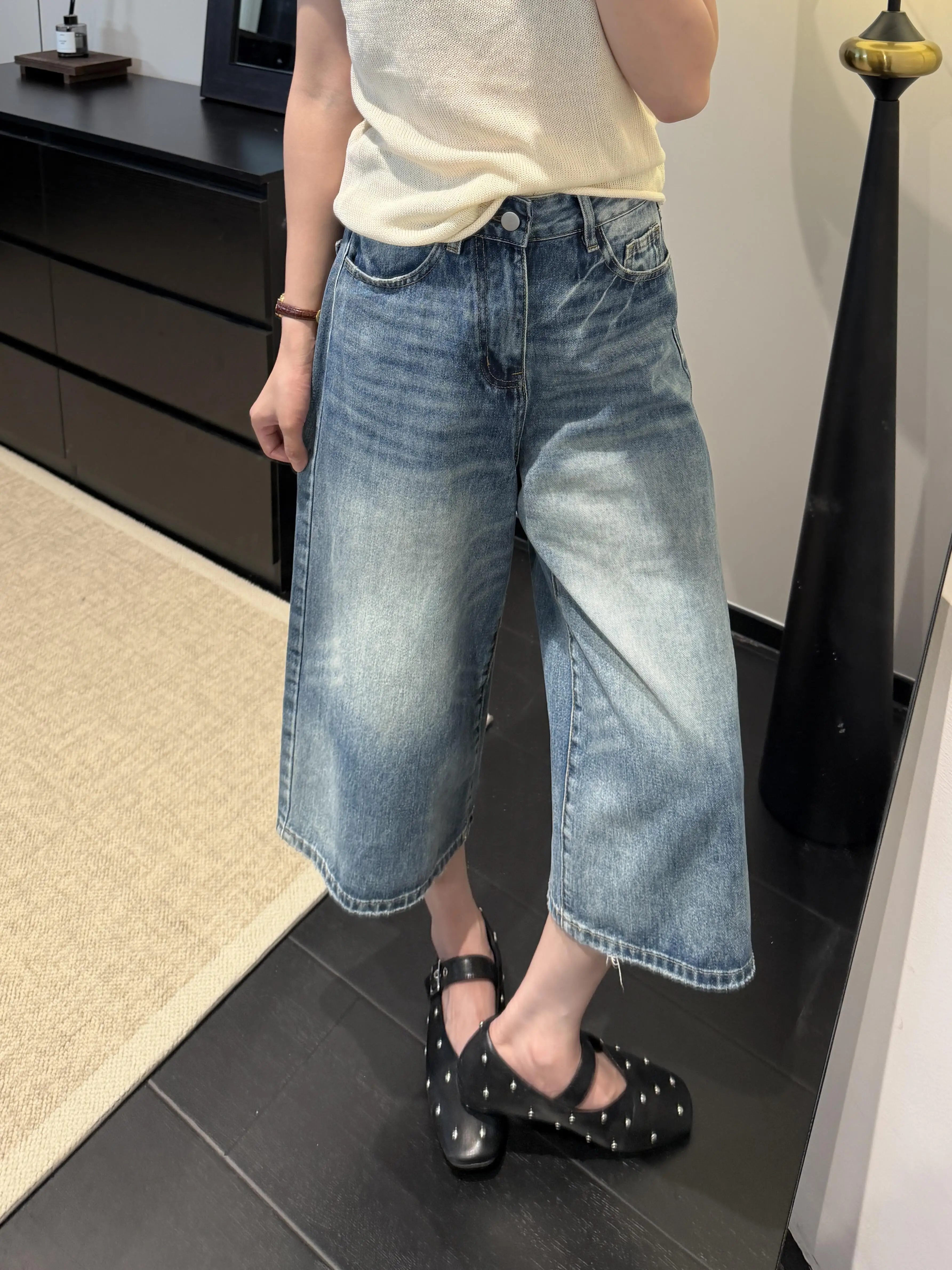 Retro High Waist Wide Leg Jeans Women's Summer New American Style Slimming Loose Drapey Straight Leg Mid-Length Pants